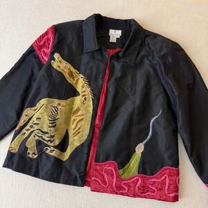 The Travel Collection Silk Blend Embroidered Animal Applique Jacket Black Red L